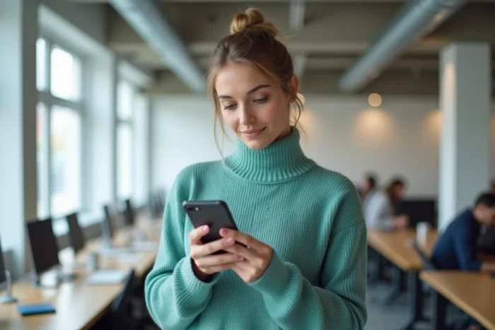 Jeune femme accédant à son compte Arkevia sur smartphone dans un espace de coworking moderne