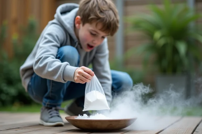 Adolescent en plein air versant du bicarbonate dans un plat pour créer de la fumée blanche