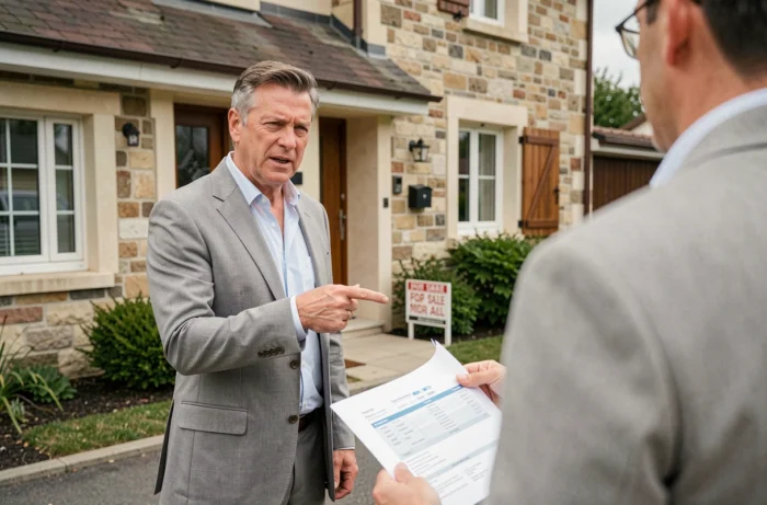 Agent immobilier montrant un rapport d'estimation à un propriétaire devant une maison résidentielle