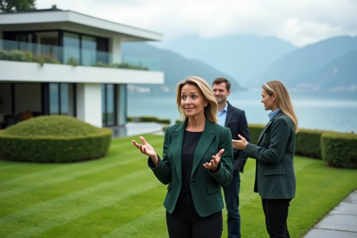 Agent immobilier présentant une villa au bord du lac Léman à des investisseurs potentiels en Suisse
