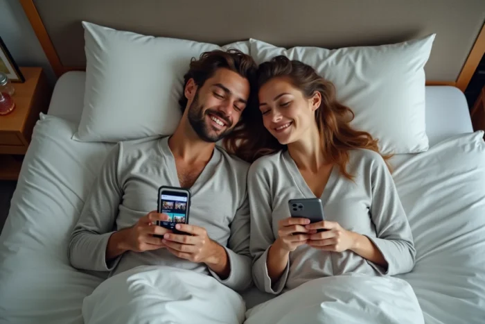 Deux amis allongés sur un lit regardant des films et séries en streaming sur leurs smartphones