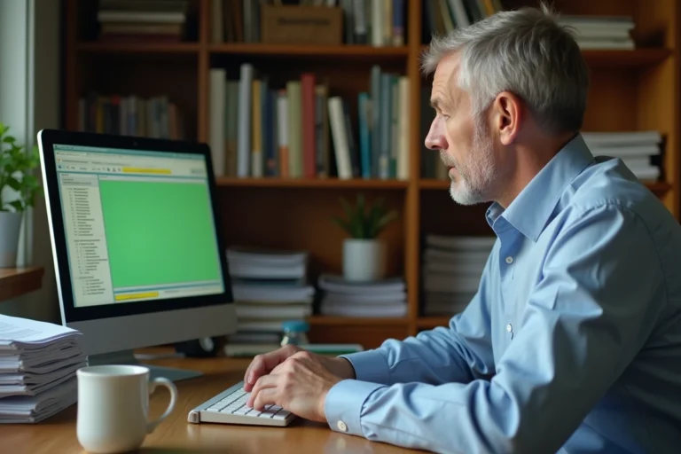 Homme utilisant l'ancienne interface Videoposte de La Banque Postale sur un ordinateur de bureau des années 2000