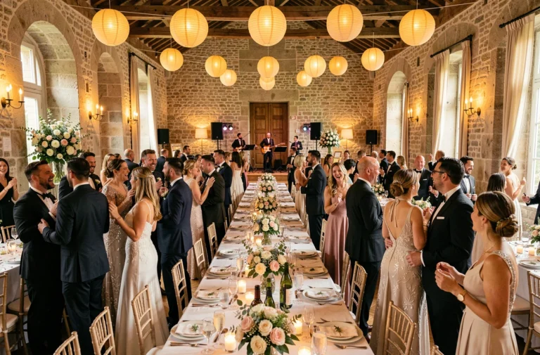 Réception de mariage animée dans un château français avec invités en tenue de soirée, musiciens en fond et décoration florale élégante