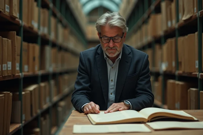 Archiviste consultant un grand registre dans une salle d'archives parisienne historique, illustrant la recherche sur l'origine et l'évolution du nom du groupe AXA
