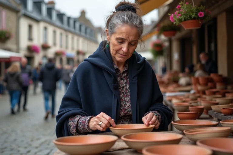 Artisane bretonne en costume traditionnel présentant des céramiques sur un marché de Quimper