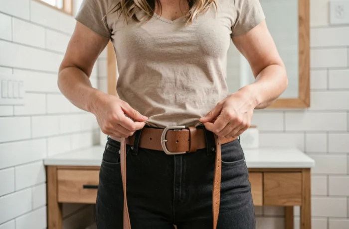 Femme qui ajuste une ceinture trop grande avec un élastique cheveux pour la faire tenir sans percer de trou