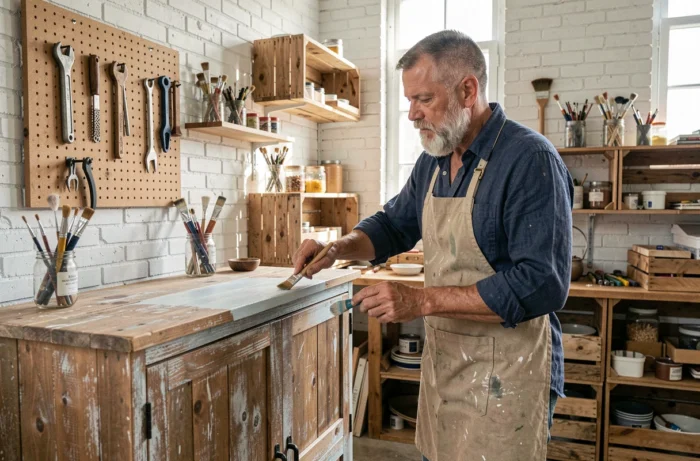 Homme appliquant de la peinture craie sur un meuble en bois recyclé dans un atelier créatif fait maison
