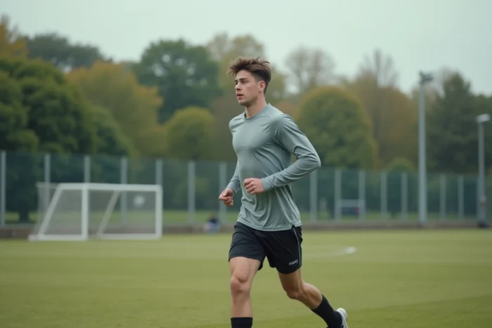 Athlète footballeur en entraînement sur un terrain extérieur, foulée naturelle et ambiance documentaire sportive
