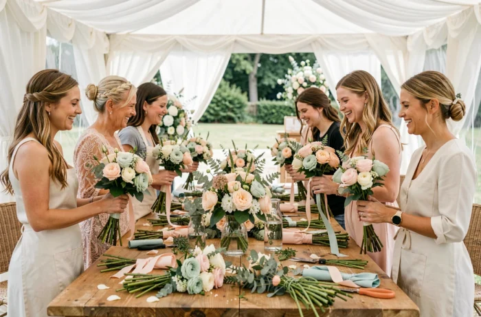 Invitées de mariage créant des bouquets lors d'un atelier bar à fleurs avec des fleurs fraîches colorées sur une grande table en bois