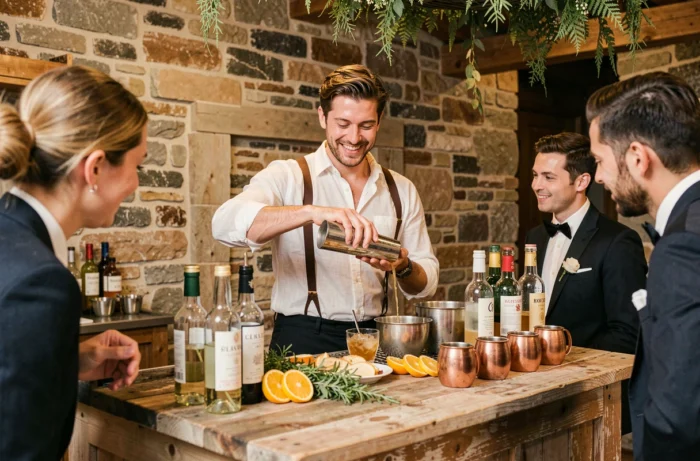 Mixologue souriant préparant un cocktail derrière un bar en bois élégant lors d'un vin d'honneur de mariage avec des invités curieux
