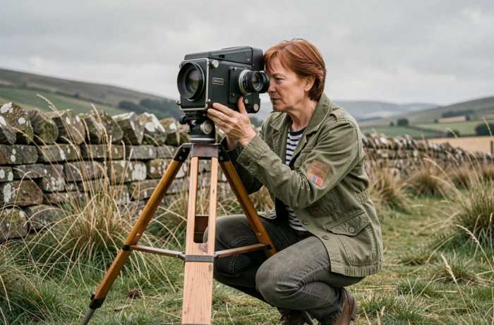 Béatrice Vonderweidt photographiant un paysage rural avec un appareil grand format sur trépied en plein air
