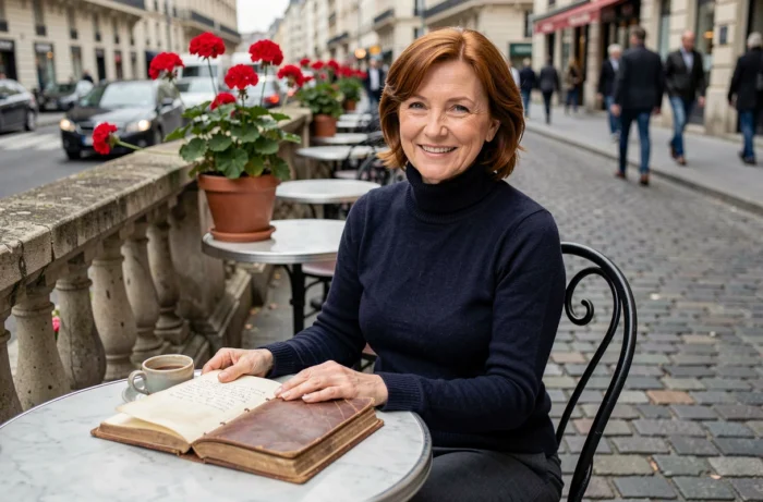 Portrait de Béatrice Vonderweidt attablée en terrasse de café parisien avec son journal de notes ouvert