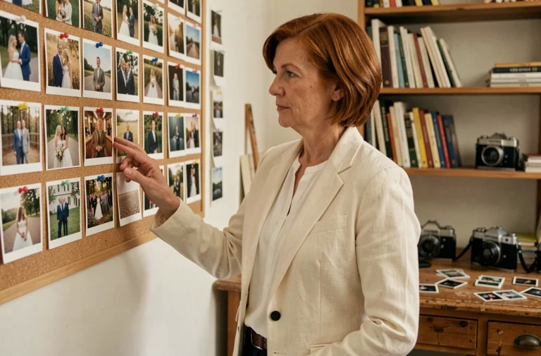 Béatrice Vonderweidt dans son studio créatif contemplant un mur de photographies personnelles et artistiques