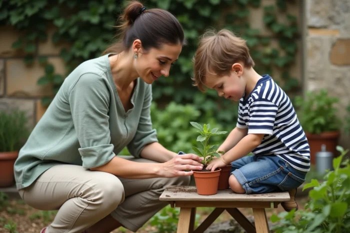 Mère et jeune enfant qui plantent des graines dans des pots en terre cuite au jardin, activité nature pour le bien-être et l'éveil des enfants