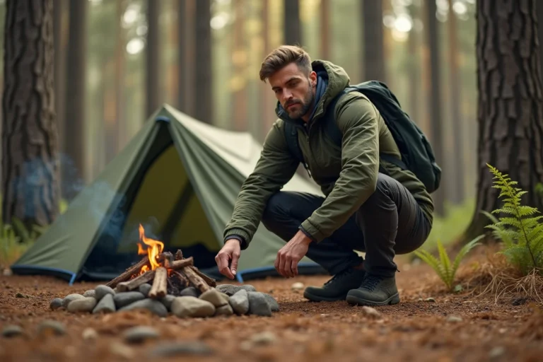 Randonneur installant son bivouac sous les pins des Landes avec une tente compacte sur sol sableux