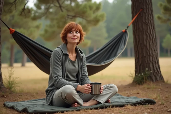 Femme en pause bivouac dans un hamac entre les pins des Landes tenant une tasse de café en pleine nature