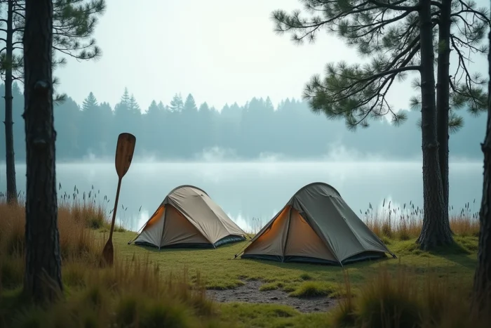 Camp de bivouac au bord d'un lac landais au lever du jour avec tentes ultralégers dans la brume matinale