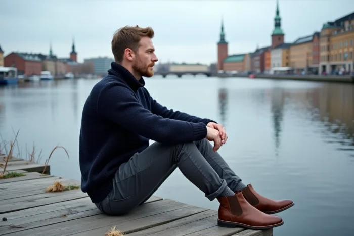 Homme en bottines Chelsea en cuir marron assis sur un quai avec vue sur Stockholm