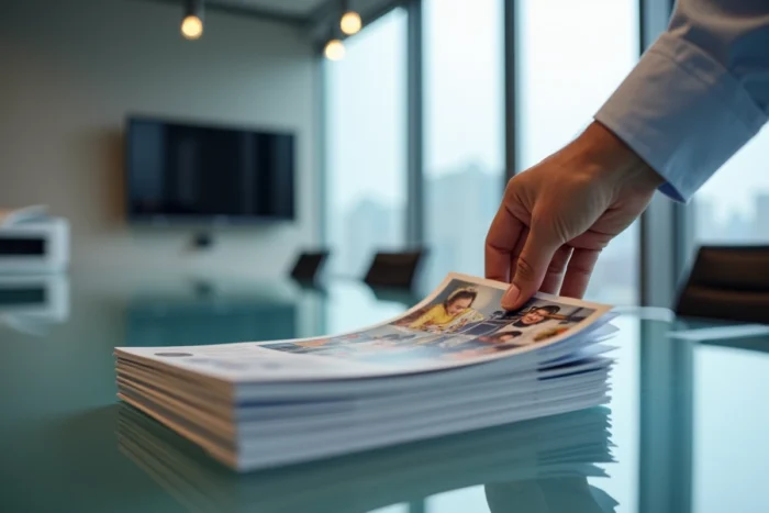 Brochures couleur imprimées en haute qualité avec la Brother DCP-L3550CDW en salle de réunion