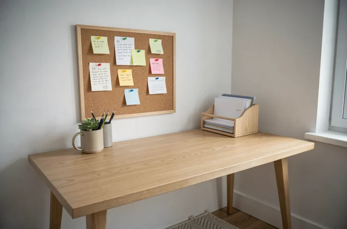 Bureau à domicile bien organisé avec tableau en liège, notes colorées et accessoires de rangement minimalistes