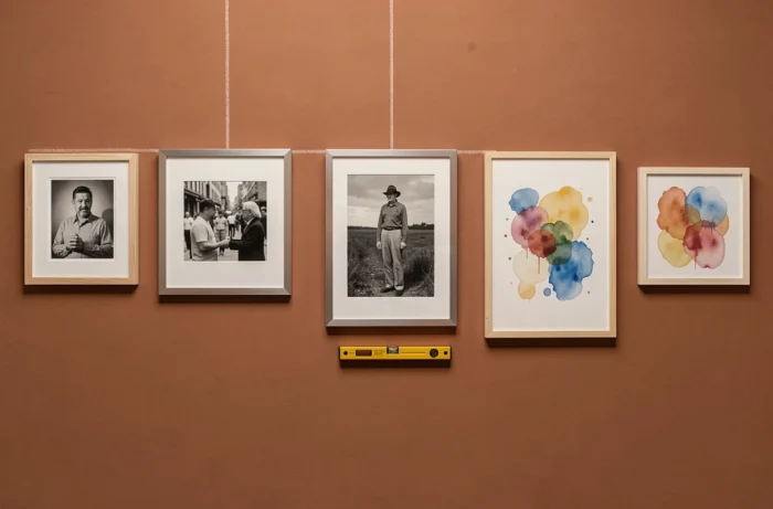 Mur d'accent en terracotta avec six cadres de tableaux parfaitement alignés au cordeau sur une même ligne horizontale, avec un niveau à bulle posé sous les cadres