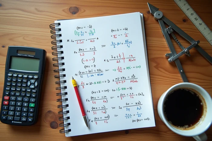 Vue aérienne d'un bureau avec un cahier de formules trigonométriques cos(a-b) et sin(a) annotées