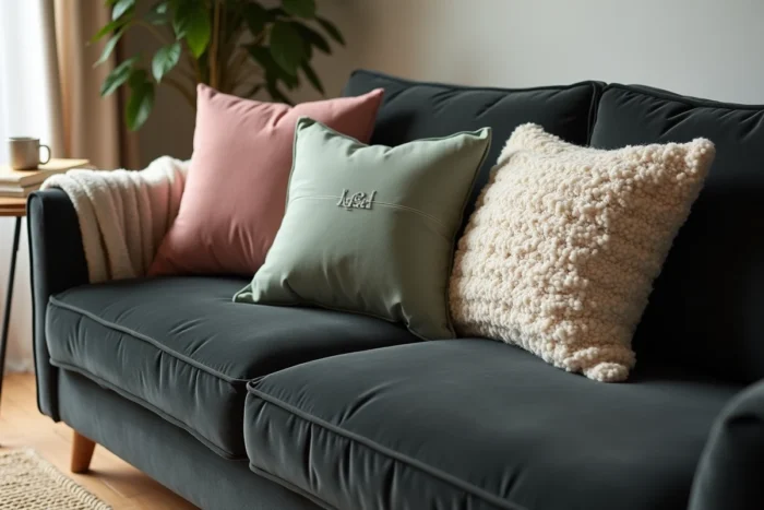 Gros plan sur un canapé gris anthracite en velours avec coussins rose poudré, vert sauge et bouclette crème dans un intérieur cosy