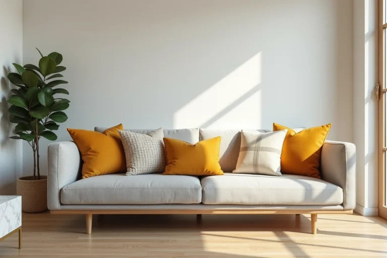 Canapé gris en lin avec coussins décoratifs jaune moutarde, terracotta et ivoire dans un salon moderne au parquet chêne