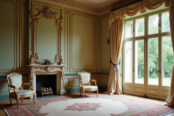 Salon intérieur d'époque du château de Groussay avec cheminée en marbre, boiseries dorées et mobilier Louis XVI