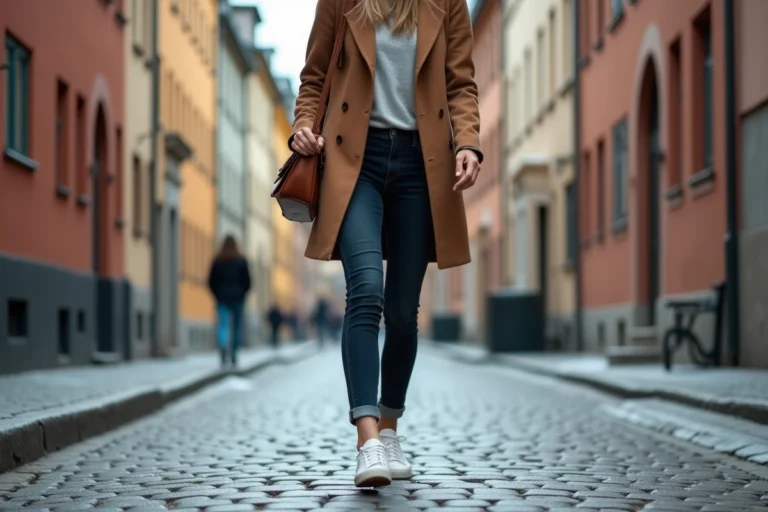 Femme en sneakers blanches marchant sur les pavés de Gamla Stan à Stockholm en automne