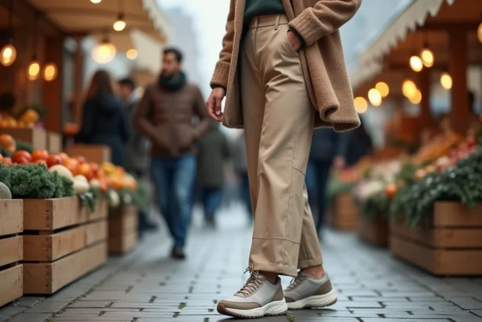 Femme en chaussures de marche confortables au marché Hötorget de Stockholm