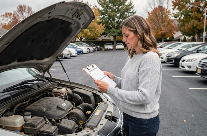 Femme consultant une checklist d'entretien voiture devant le capot ouvert dans un parking