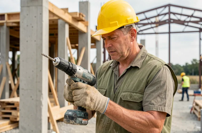 Chef de chantier en équipement de protection inspectant un outil électrique sur un site de construction actif