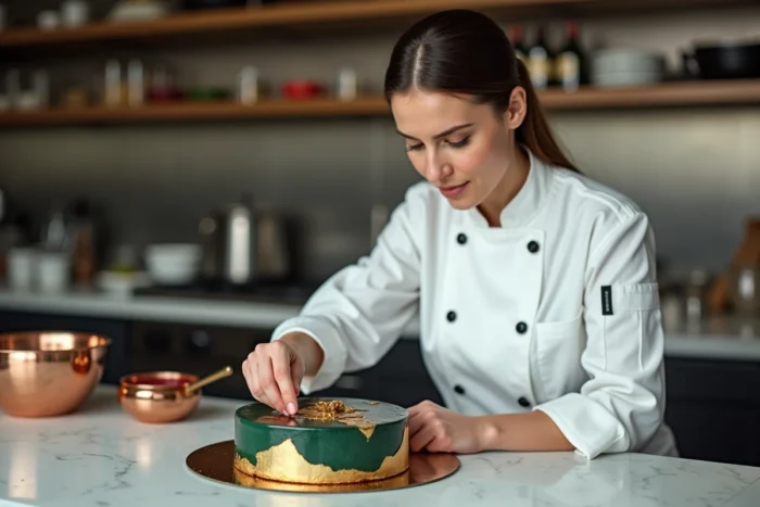 Cheffe pâtissière appliquant de la feuille d'or sur un entremet moderne au glaçage miroir coloré dans une cuisine professionnelle en marbre