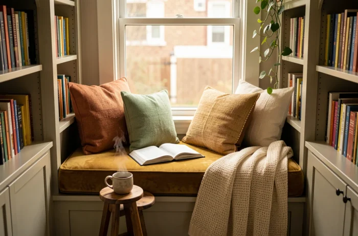 Coin lecture douillet avec banquette en velours moutarde, coussins colorés et bibliothèque intégrée dans une maison créative