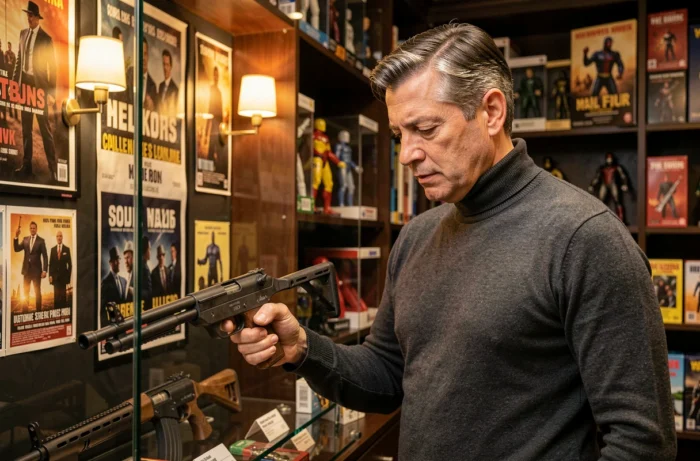 Collectionneur de cinéma examinant une réplique d'arme emblématique de John Wick dans une salle d'exposition privée
