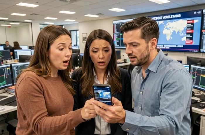 Groupe de collègues dans une salle de rédaction découvrant une actualité en temps réel sur un smartphone