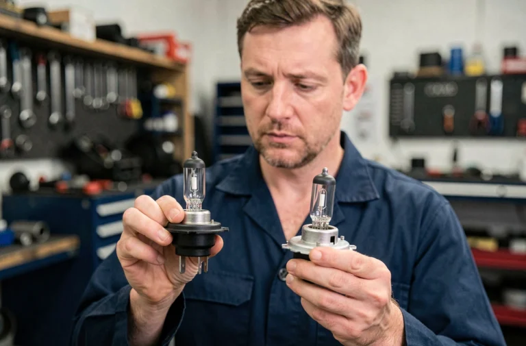 Technicien automobile tenant deux ampoules H1 et H7 côte à côte pour comparaison dans un atelier de réparation