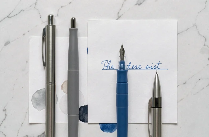 Comparaison de plusieurs stylos bille de qualités différentes sur fond marbre avec traces d'encre sur papier blanc