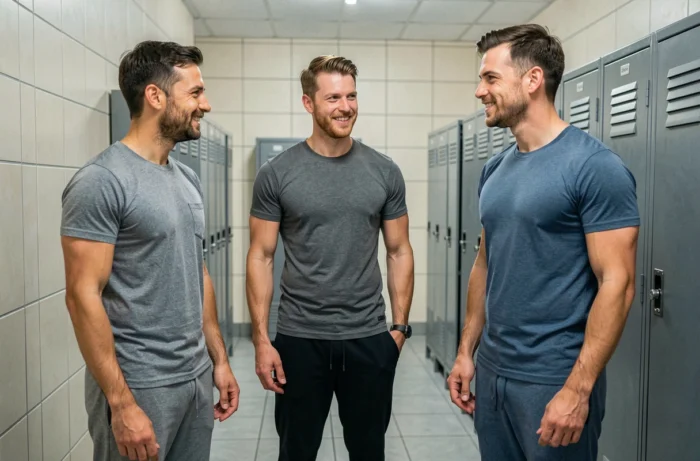 Groupe d'hommes de tailles différentes dont un mesurant 1m80, comparaison visuelle des standards de grande taille dans un vestiaire sportif