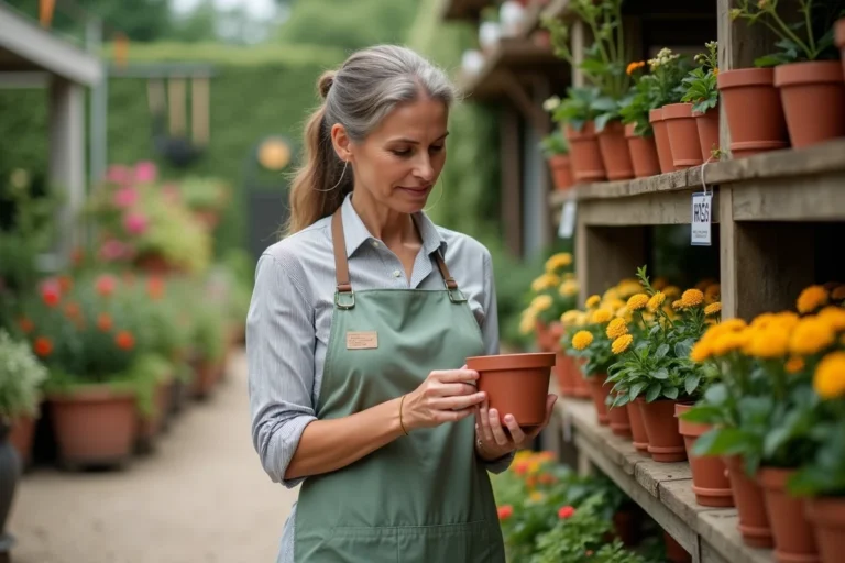 Femme comparant les prix de pots de fleurs dans une jardinerie en plein air