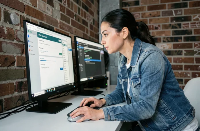 Femme configurant un VPN sur son ordinateur de bureau pour contourner un site web bloqué