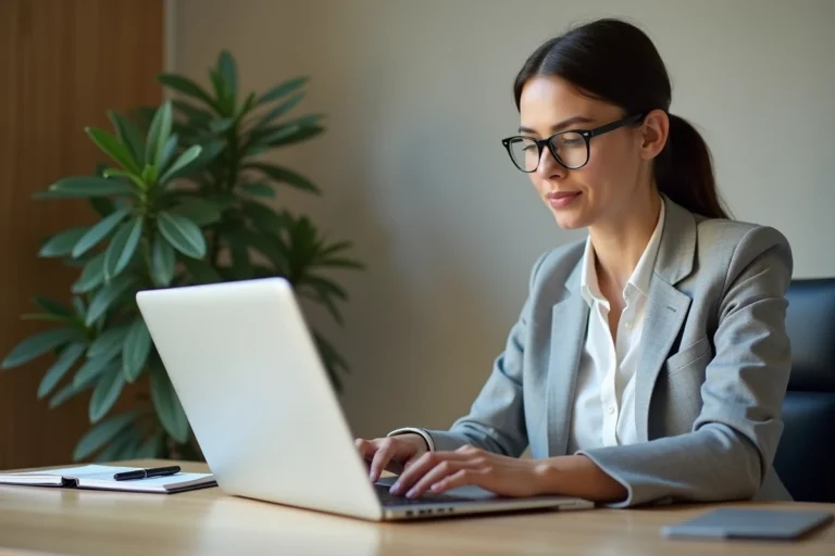 Femme professionnelle connectée à son espace personnel Arkevia sur un ordinateur portable au bureau