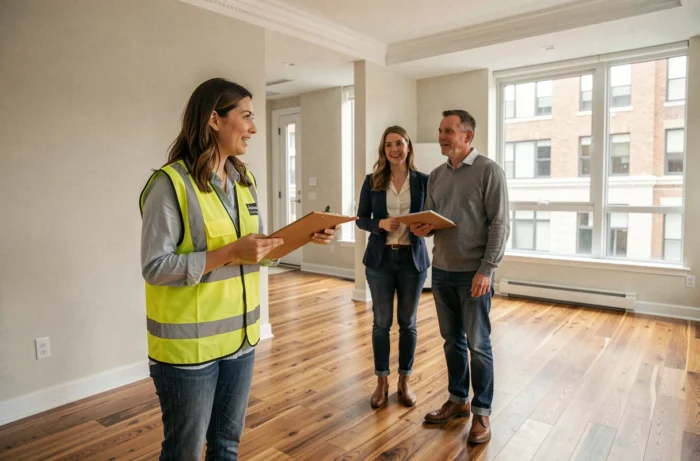 Conseillère en rénovation présentant un parquet en bois neuf à des clients dans un appartement rénové