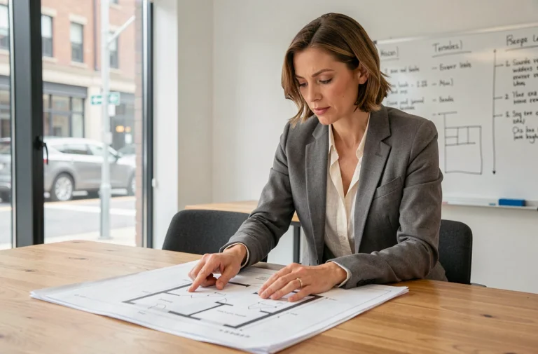 Femme consultante immobilière examinant des plans architecturaux dans une agence moderne