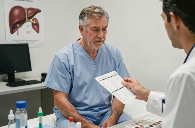 Médecin montrant des résultats d'analyse sanguine à un patient concernant un taux de gamma GT élevé lors d'une consultation médicale
