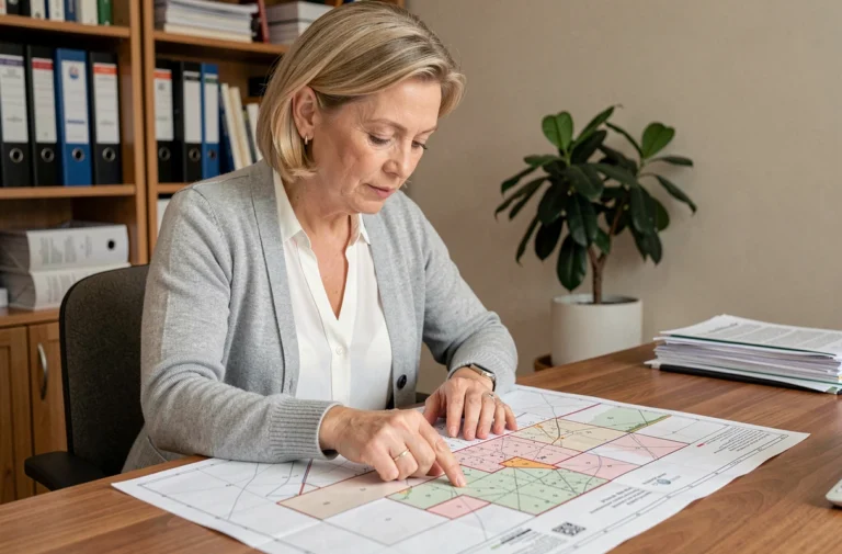 Femme consultant un plan cadastral imprimé à son bureau pour identifier le propriétaire d'une parcelle