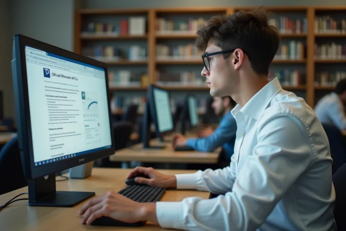 Un jeune homme consulte le site officiel ANTS sur un ordinateur en bibliothèque publique