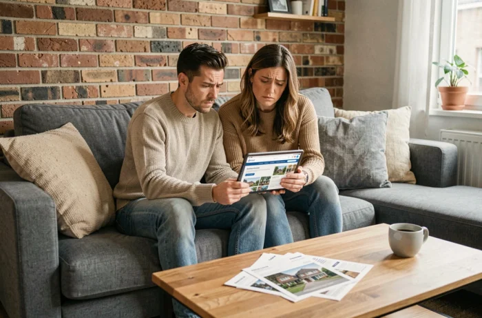 Couple consultat une estimation immobilière sur tablette avec une expression perplexe dans leur salon