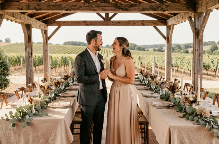 Couple de mariés riant à une table de réception rustique décorée de guirlandes d'eucalyptus dans une ferme provençale